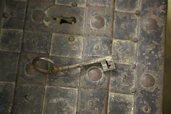 An 18th century iron Armada chest with loop handles and original key, W.72cm, D.40cm, H.36cm